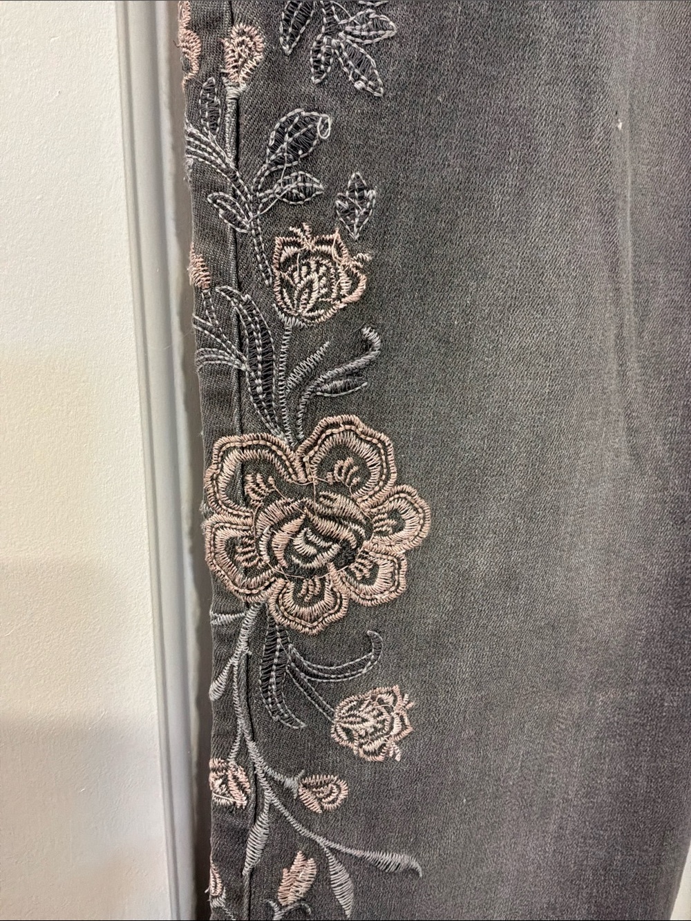 Hannah Grey Jeans with Pink Floral Embroidery
